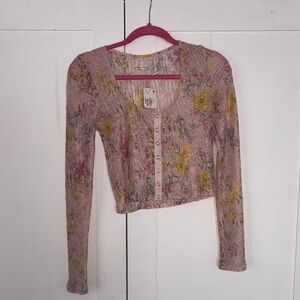 We The Free Pink Floral Button-Up Crop Top